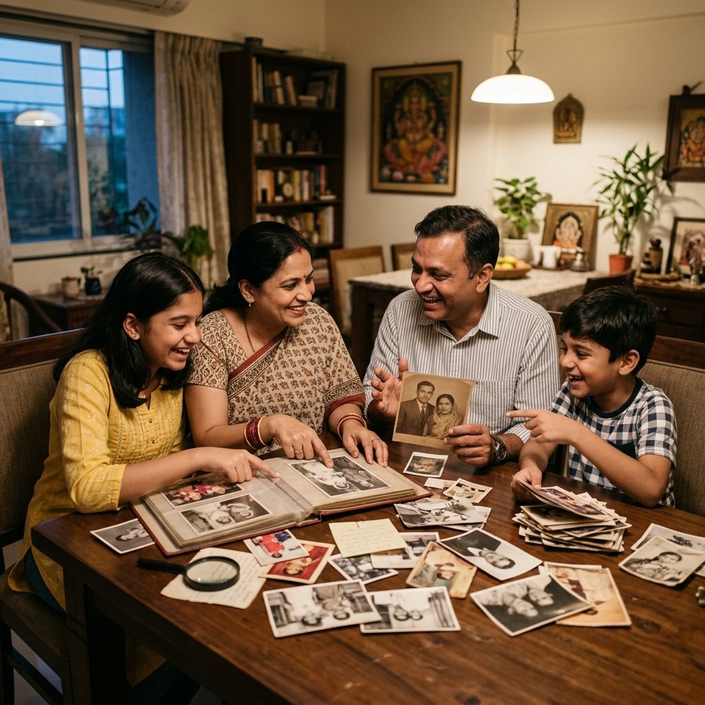 Family members reviewing a collection of old family photographs