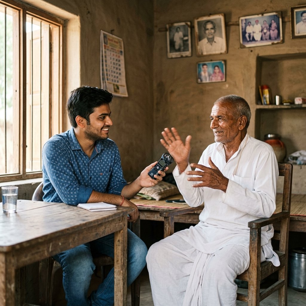 Young Indian man recording an elderly grandfather's oral history